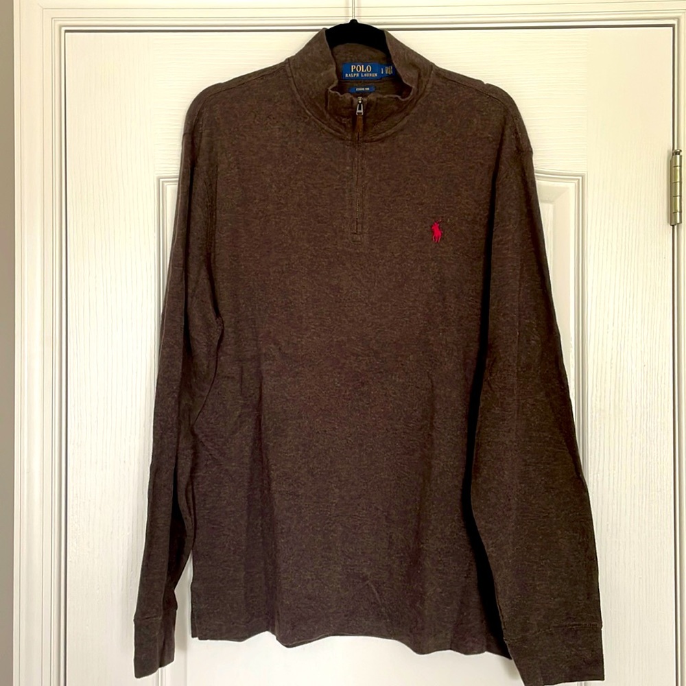 Mens Polo quarter zip estate rib sweater with leather zipper